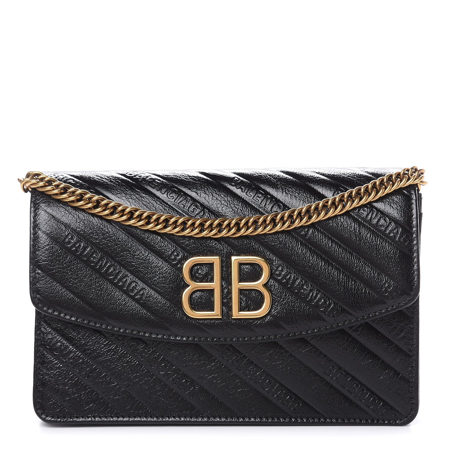 Balenciaga Shiny Goatskin Logo Embossed BB Wallet On Chain Black 1 of 8
