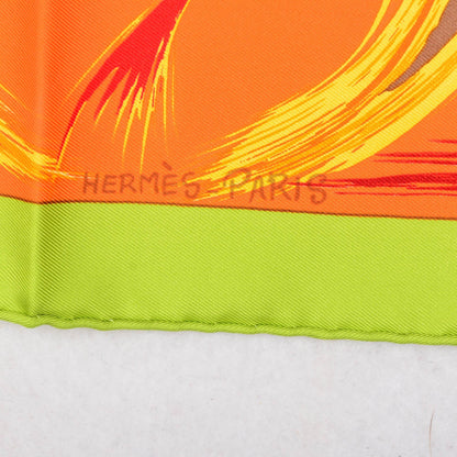 Hermes Silk Le Tour Eiffel S'Envole Pocket Square Scarf Vert Vif Orange Vif 3 of 5