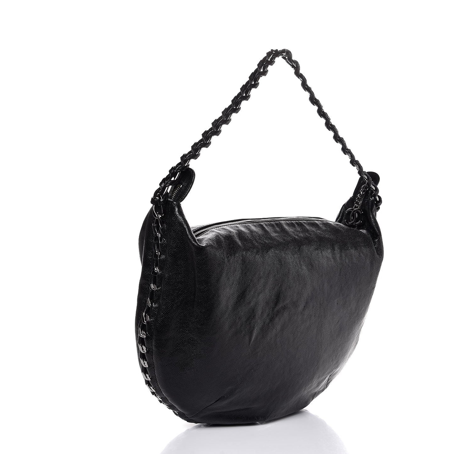 Glazed Caviar Modern Chain Hobo Black