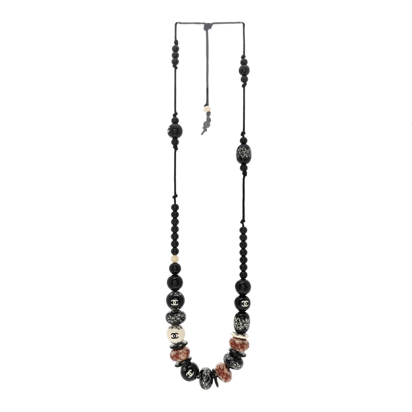 Engraved Wood Beaded CC Rope Necklace Black Multicolor