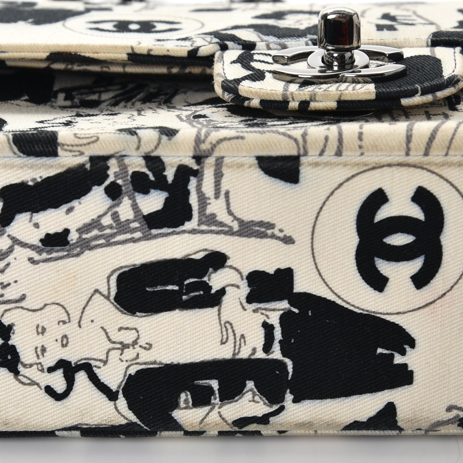 Chanel Canvas Printed Medium Double Flap Black White 13 of 17