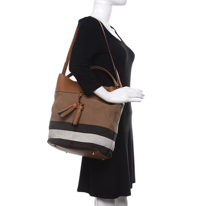 Burberry Grainy Calfskin Canvas Mega Check Medium Ashby Tassel Hobo Saddle Brown 2 of 14