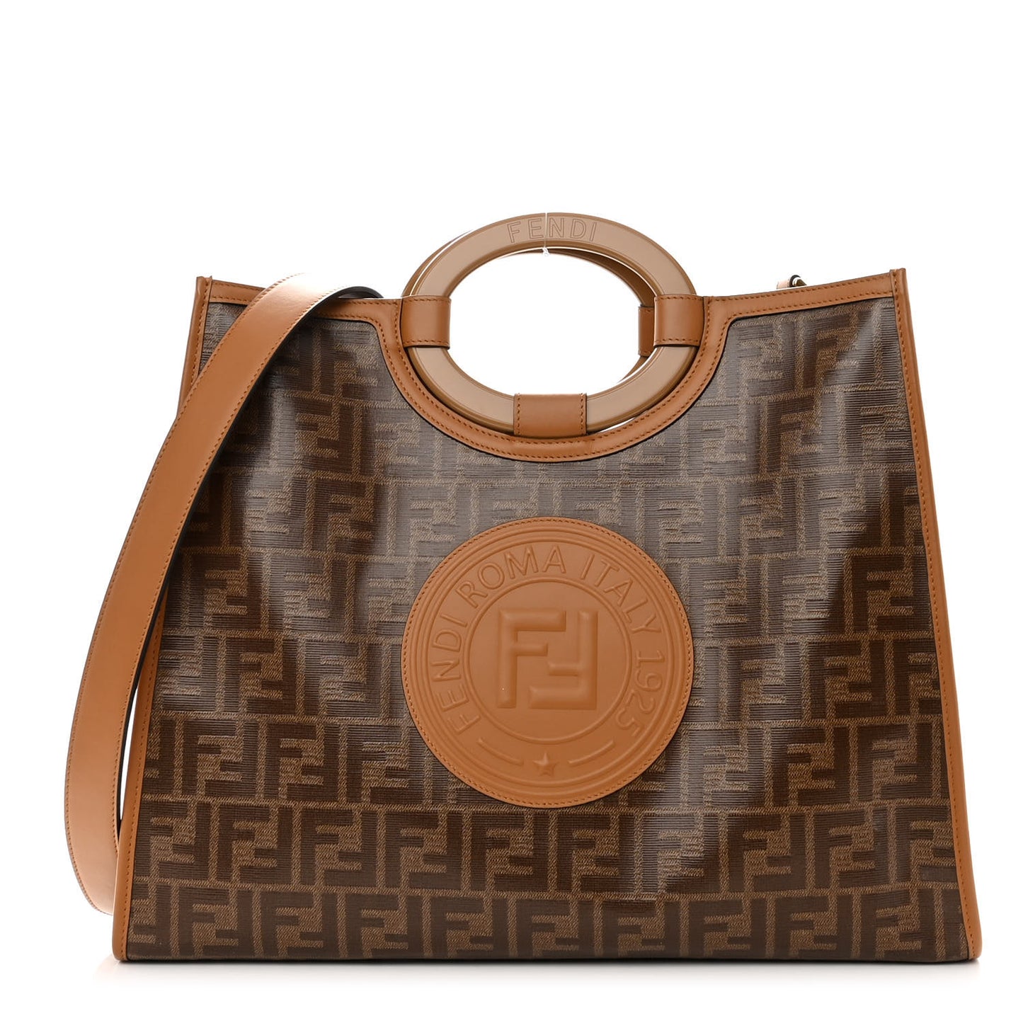 Glazed Fabric Vitello Century Plexiglass FF 1974 Stamp Patch Medium Runaway Shopper Tote Mogano Panna Nocciola