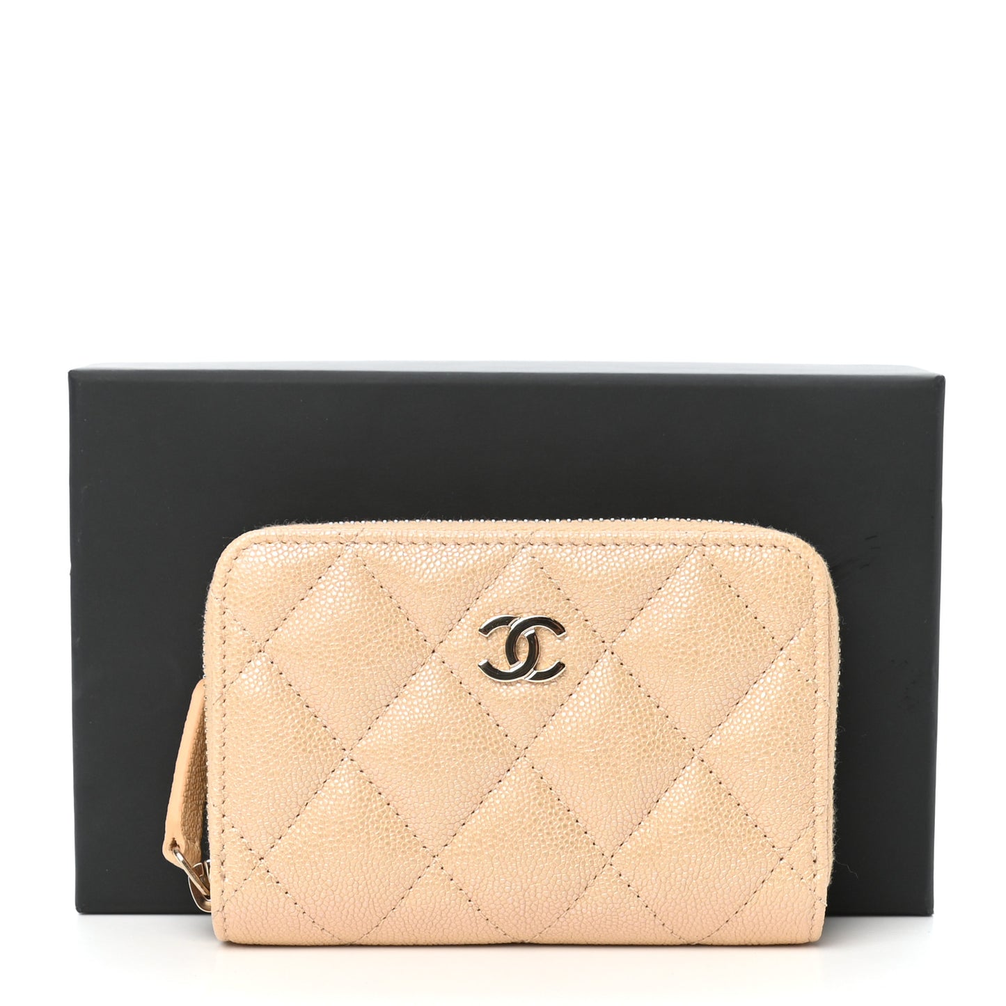 Iridescent Caviar Quilted Zip Around Coin Purse Beige