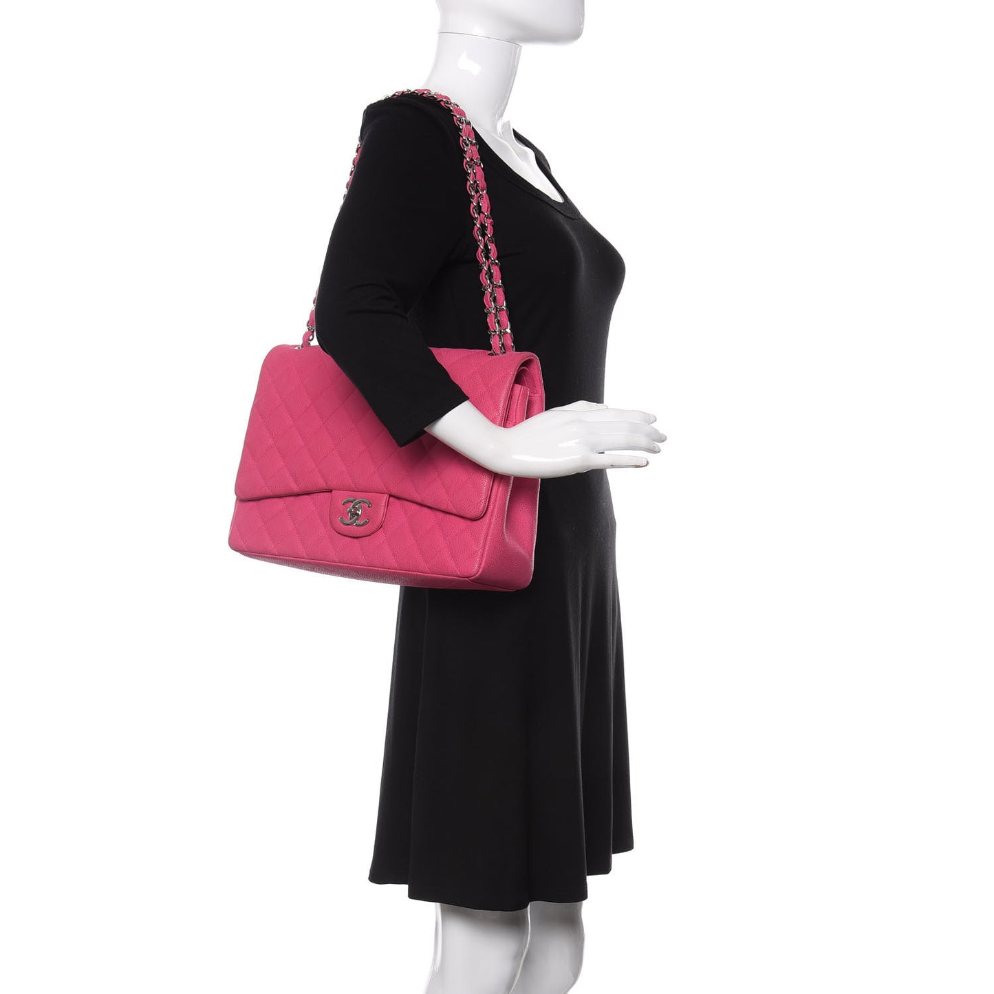 Iridescent Caviar Quilted Maxi Double Flap Hot Pink