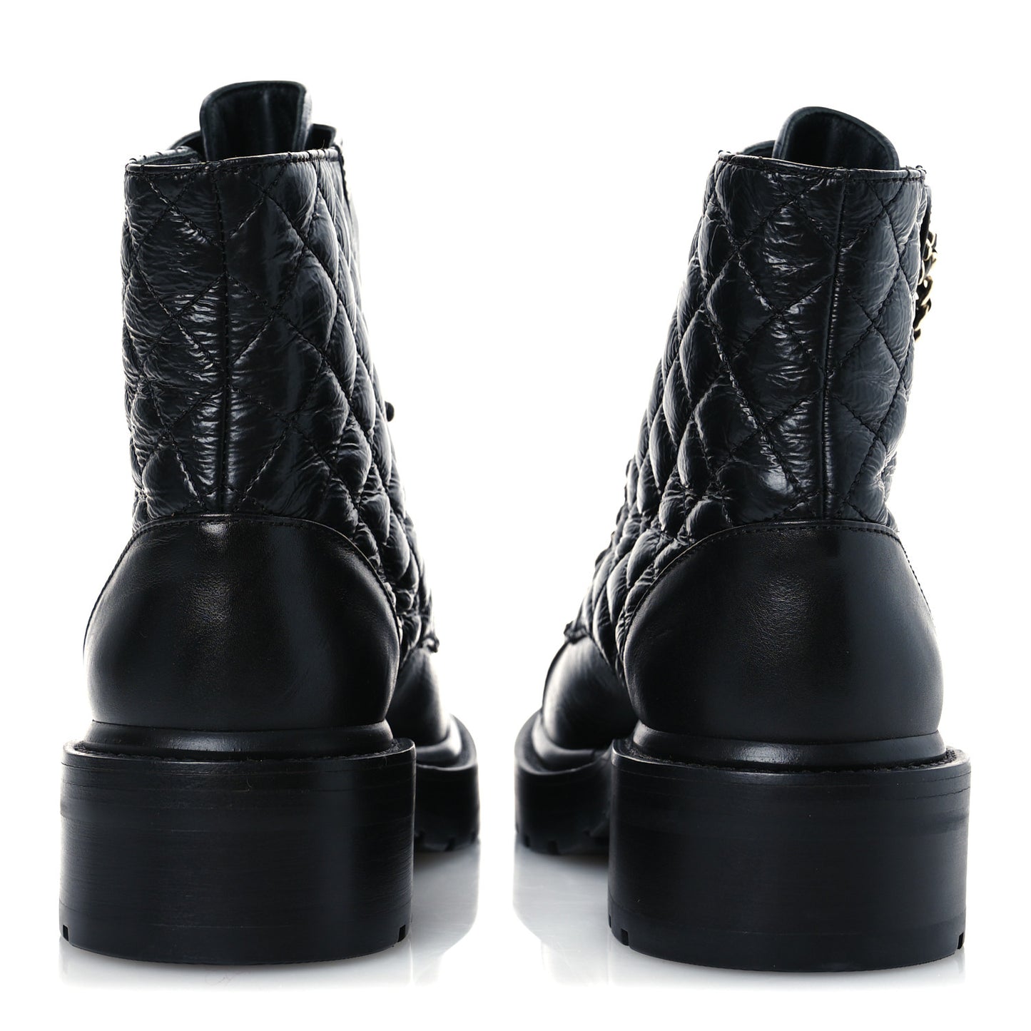 Shiny Calfskin Quilted Lace Up Combat Boots 37 Black