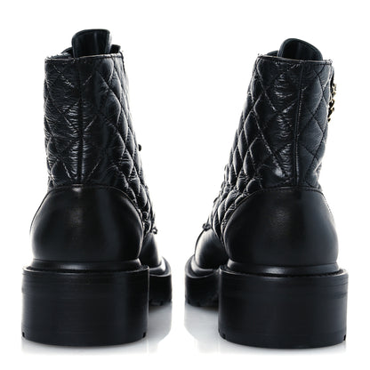 Chanel Shiny Calfskin Quilted Lace Up Combat Boots 37 Black 6 of 9