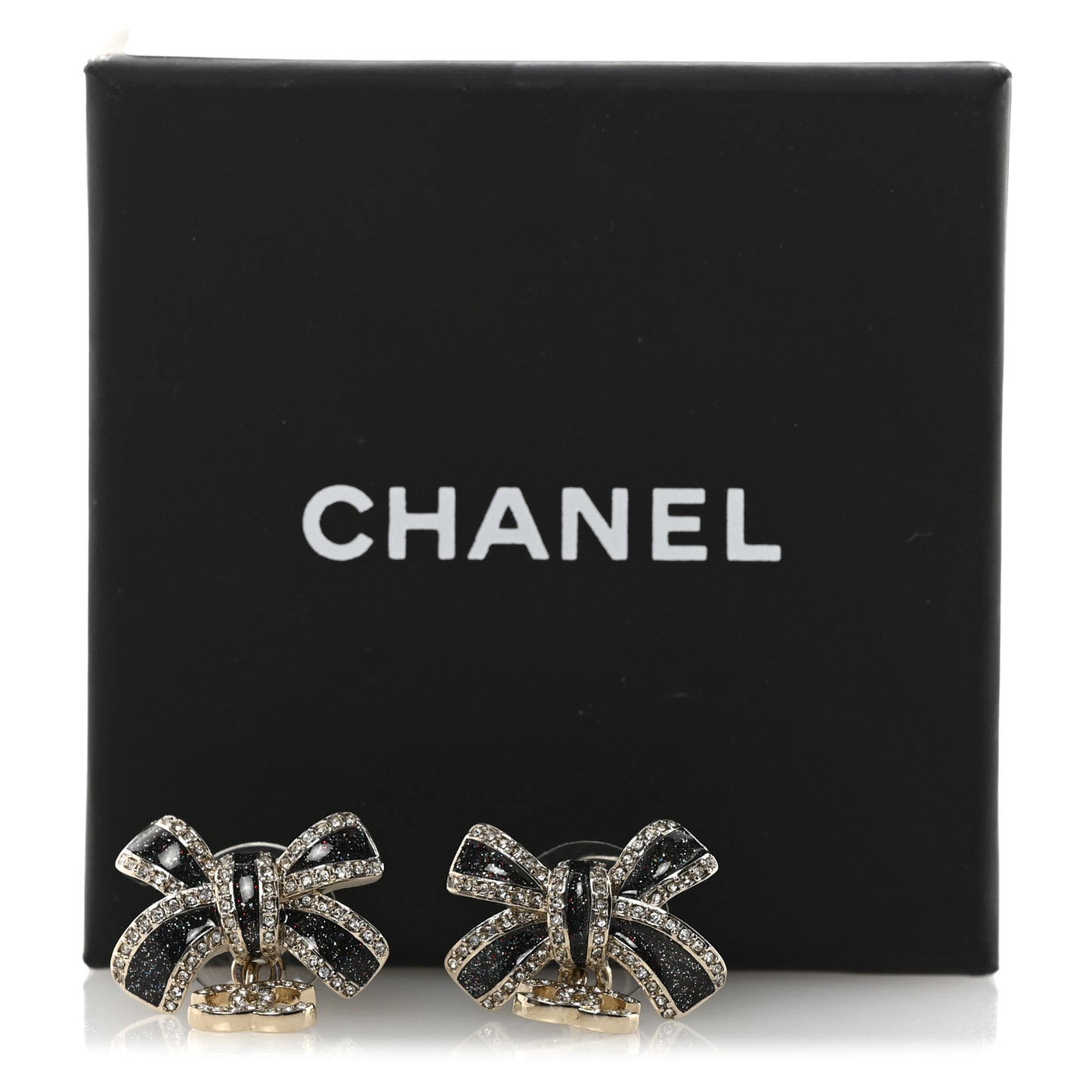 Crystal Glitter Bow Drop CC Earrings Gold Black