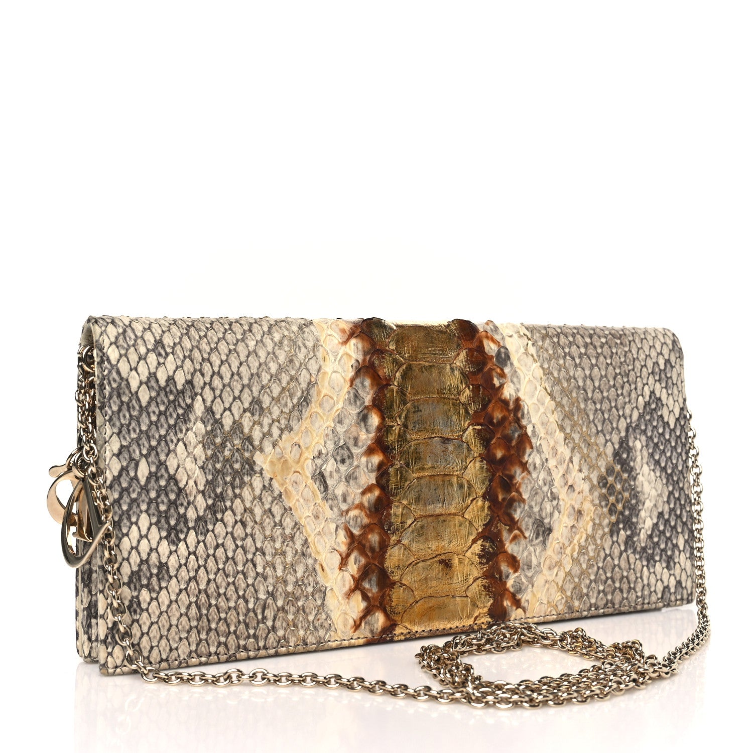 Christian Dior Metallic Snakeskin Lady Dior Croisiere Chain Clutch Beige Gold 3 of 10