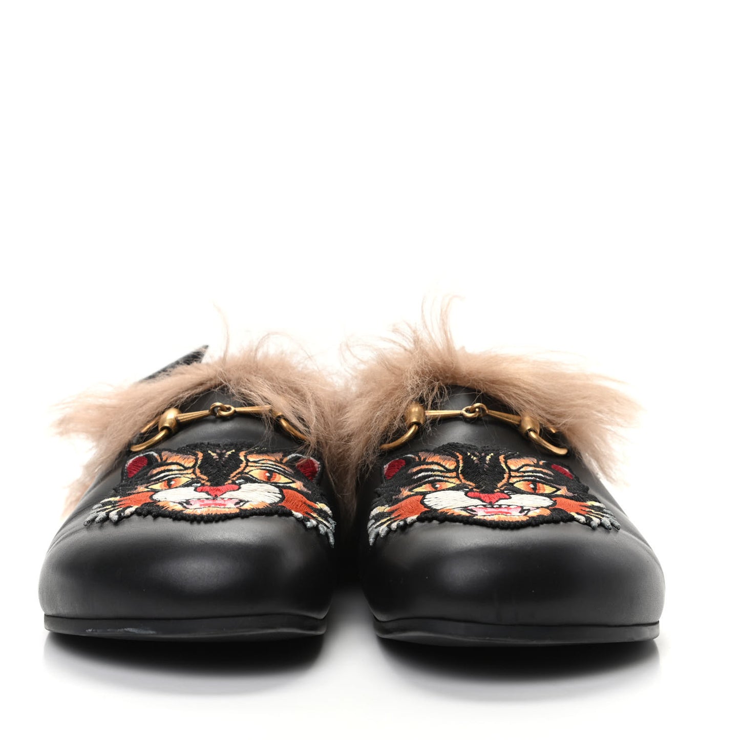Calfskin Fur Angry Cat Embroidered Mens Horsebit River Slingback Slippers 9 Black