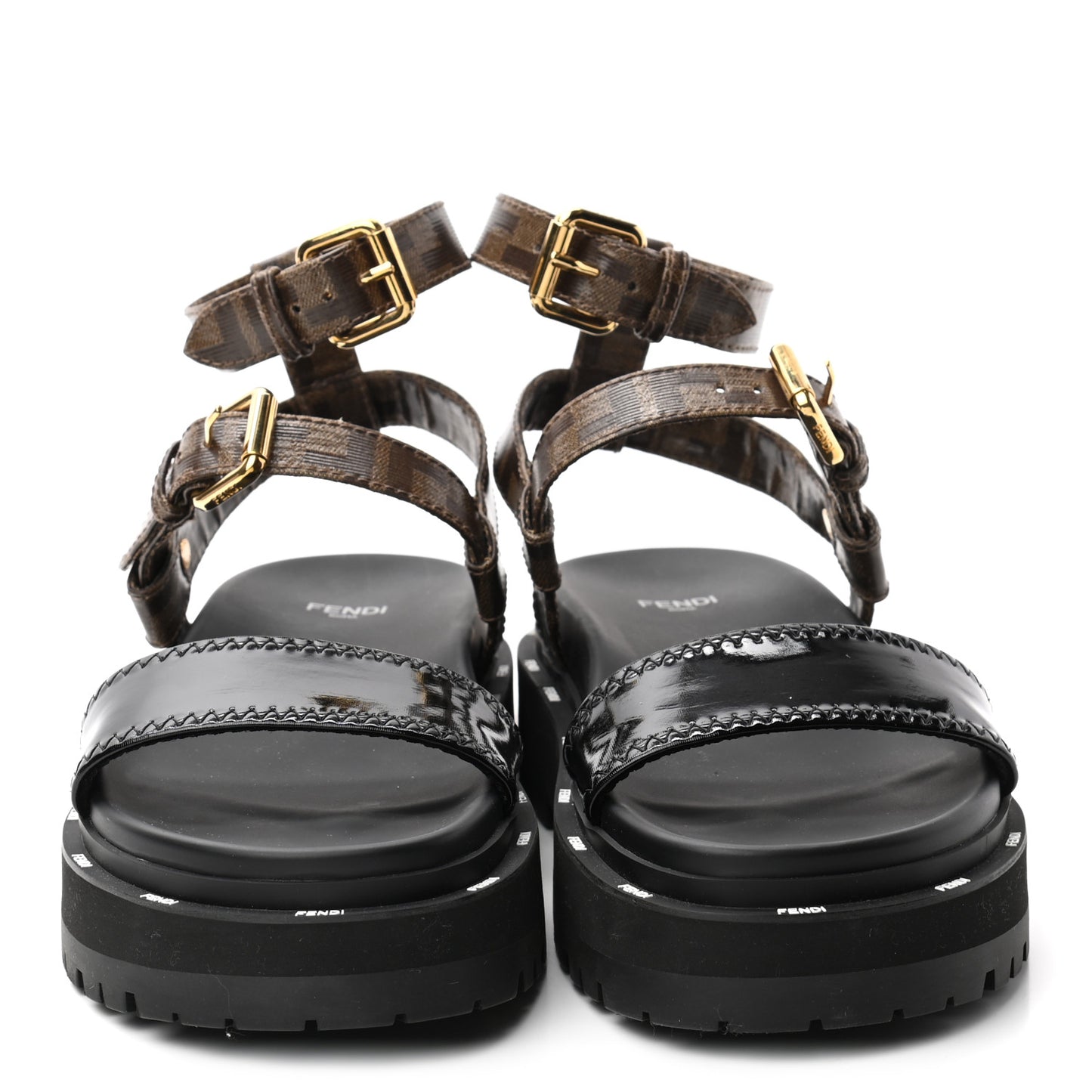 Vernice High-Tech Glazed Fabric FF Lug Sole Platform Sandals 39 Black Tobacco Moro
