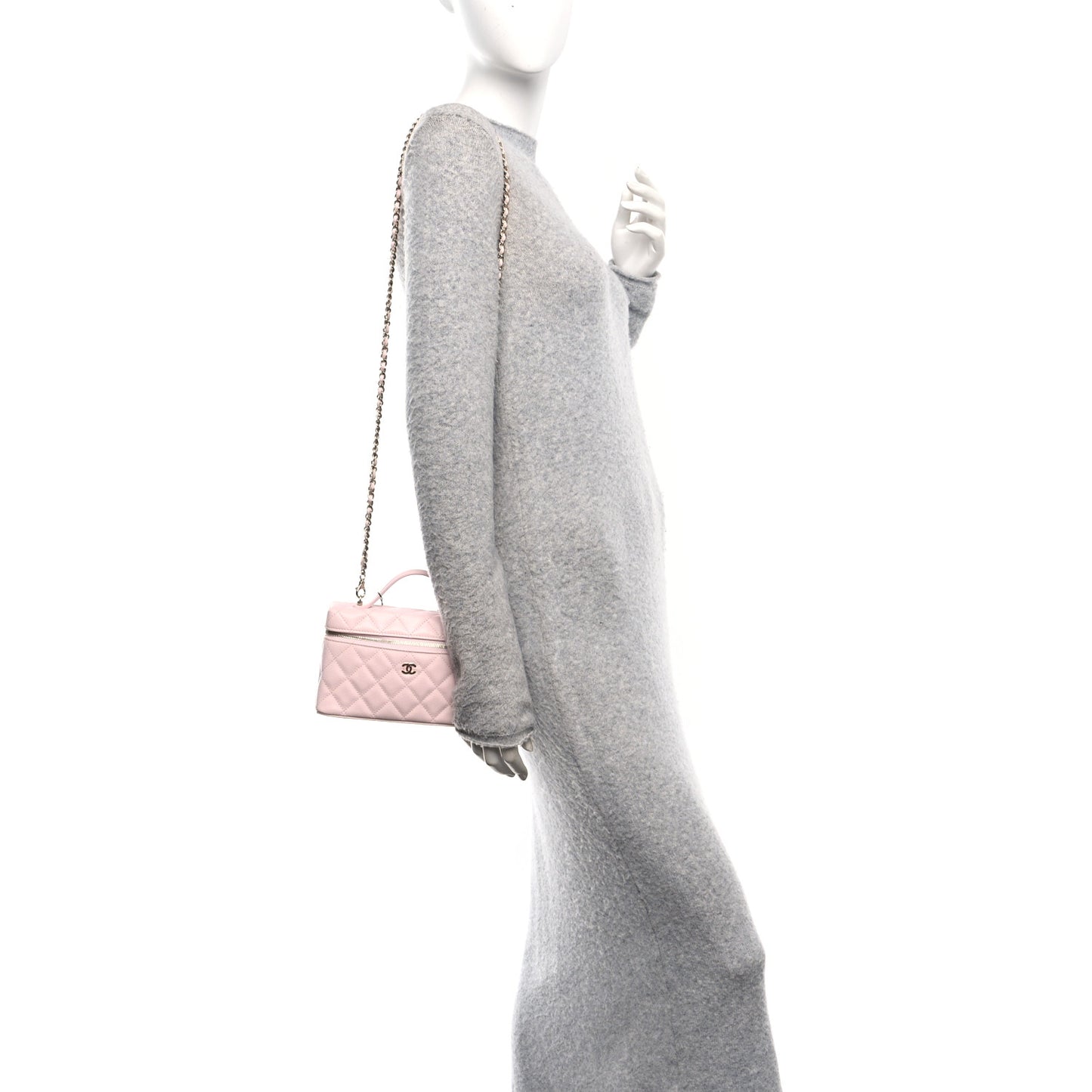 Caviar Quilted Top Handle Slim Vanity With Chain Light Pink