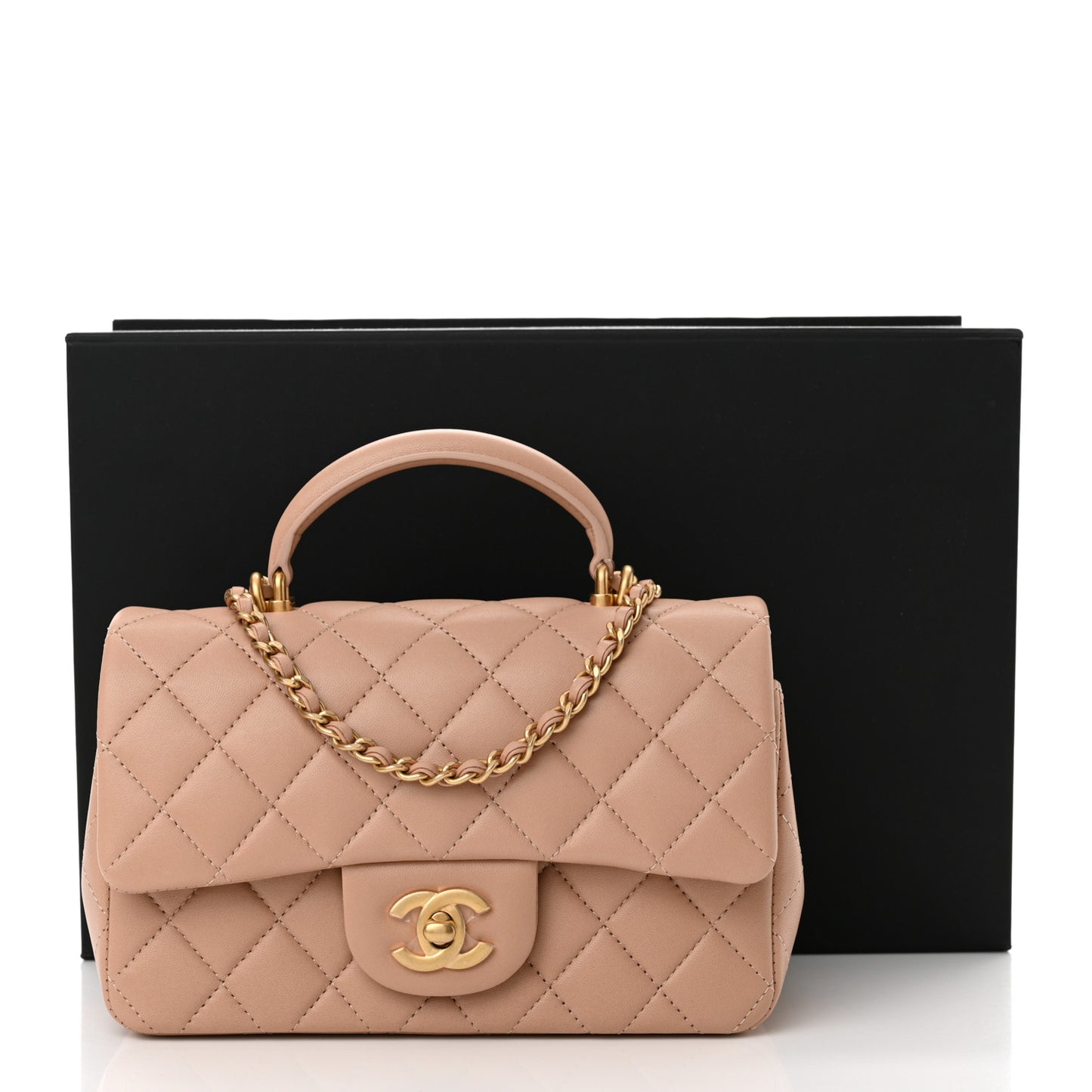Lambskin Quilted Mini Top Handle Rectangular Flap Beige