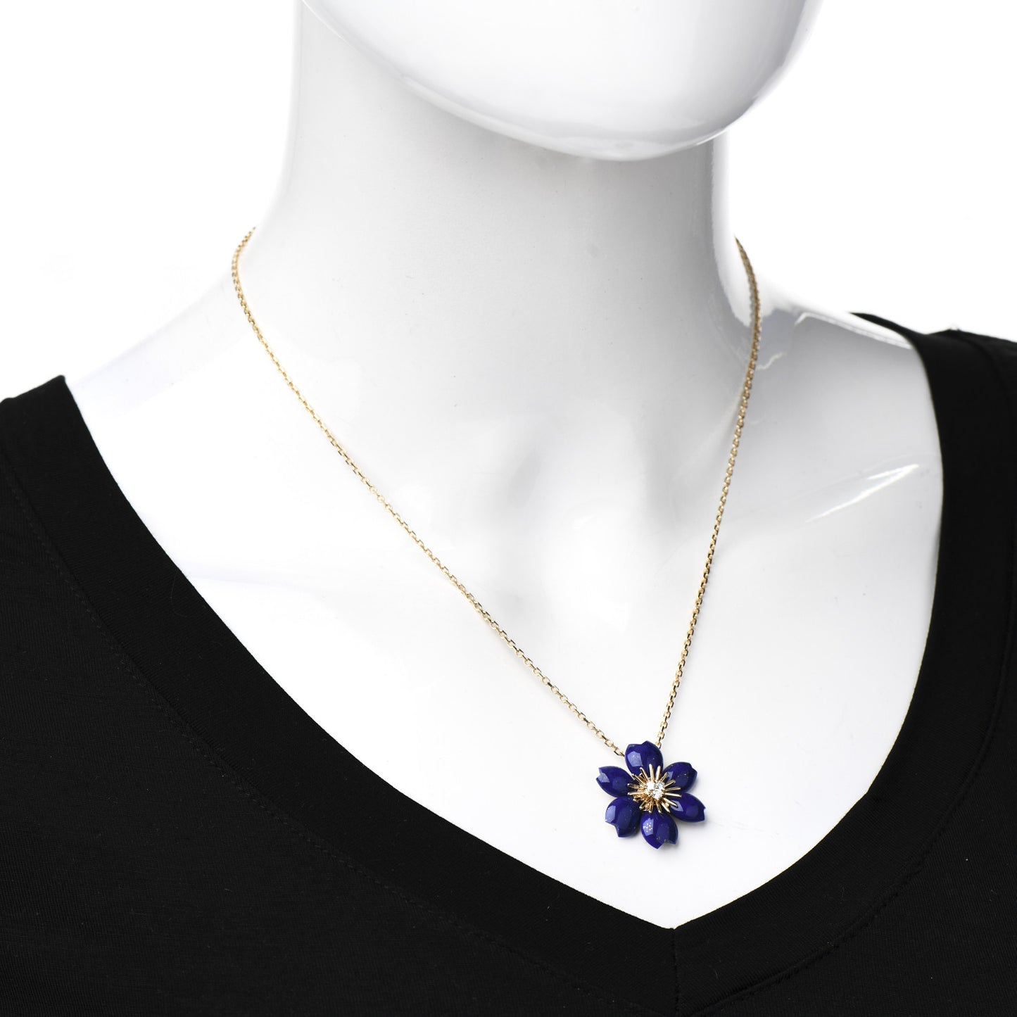 18K Yellow Gold Diamond Lapis Lazuli Mini Rose De Noel Pendant Necklace