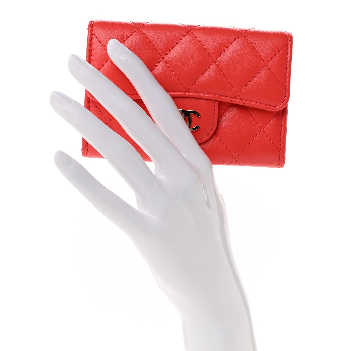 Lambskin Quilted Flap Card Holder Wallet Coral
