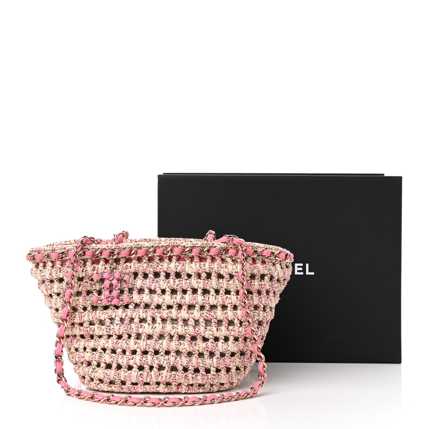 Mixed Fibers Calfskin Crochet Small Shopping Bag Beige Pink