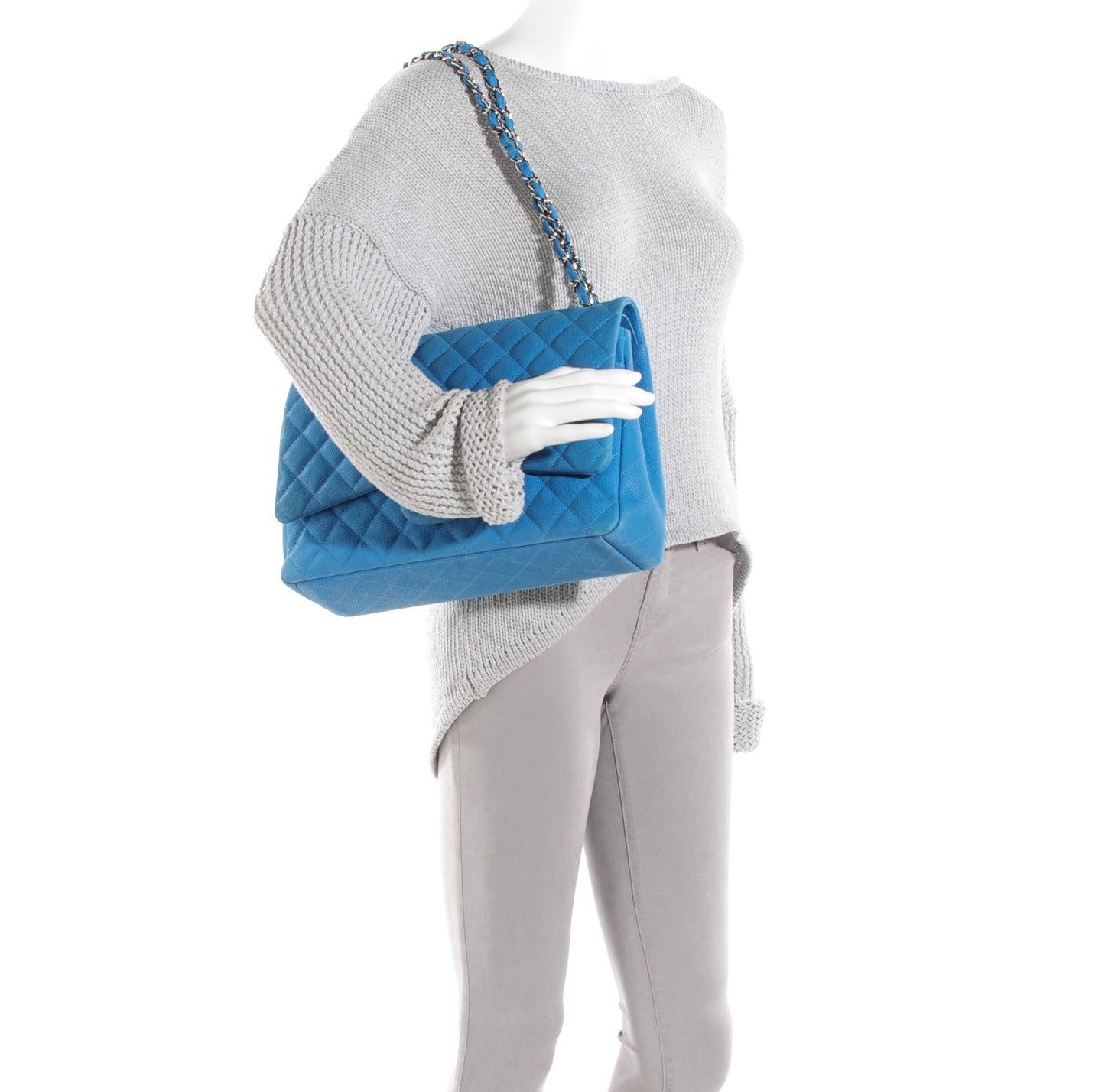 Iridescent Caviar Quilted Maxi Double Flap Blue