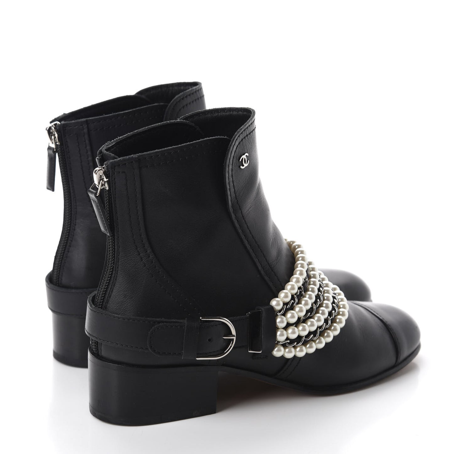 Calfskin Pearl Cap Toe Short Boots 37.5 Black