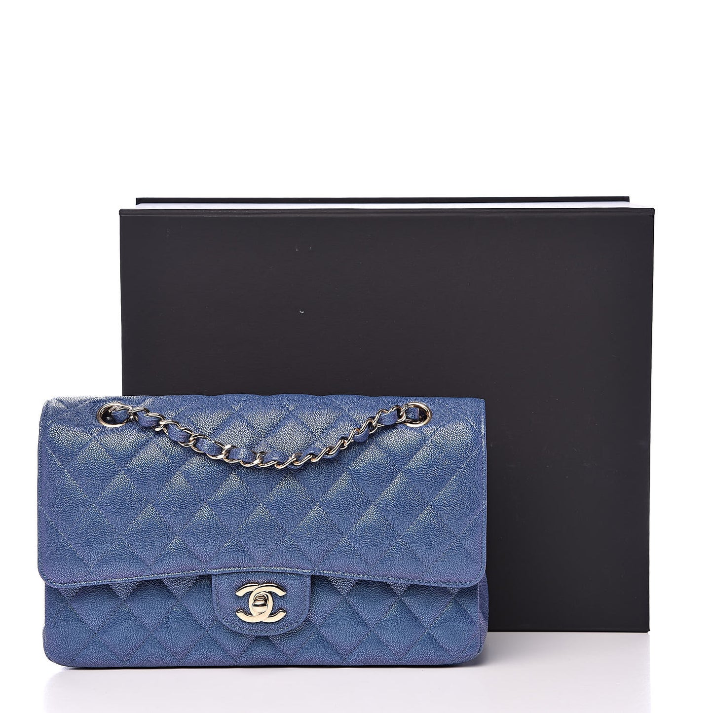 Iridescent Caviar Quilted Medium Double Flap Dark Blue