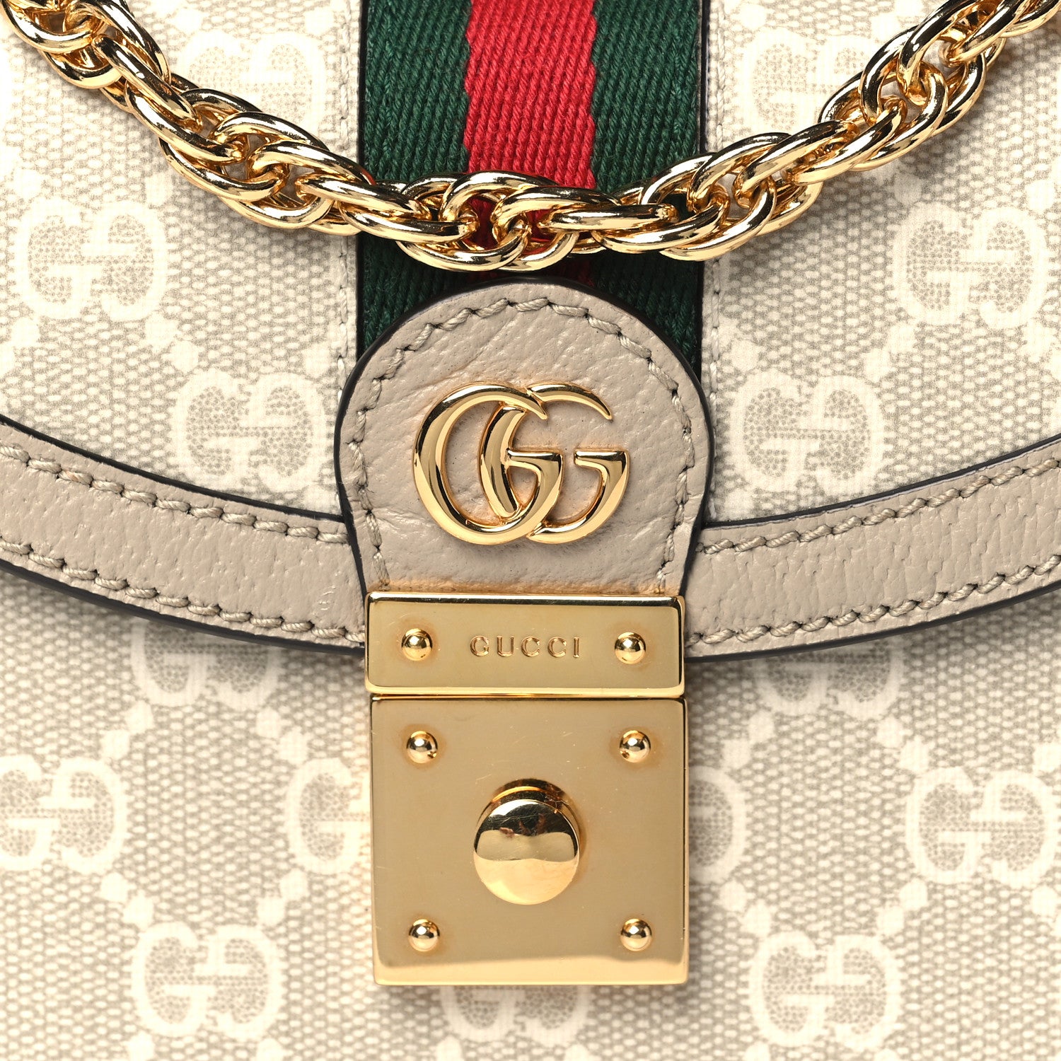 Gucci GG Supreme Monogram Textured Dollar Calfskin Web Mini Ophidia Padlock Top Handle Chain Shoulder Bag Beige Mystic White Oatmeal 7 of 9