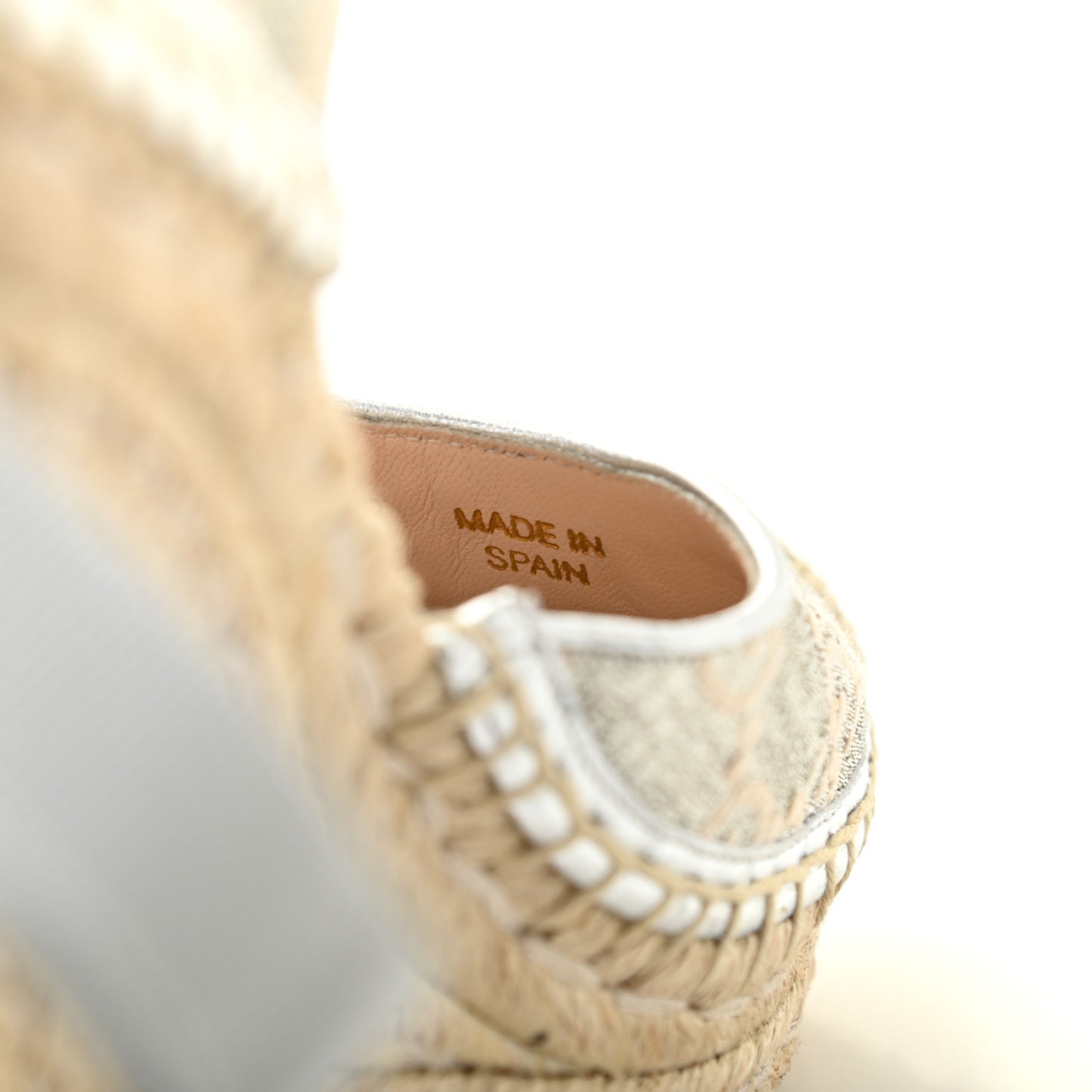Lame GG Monogram Ankle Wrap Platform Espadrille Wedges 36.5 Silver Beige Light Grey