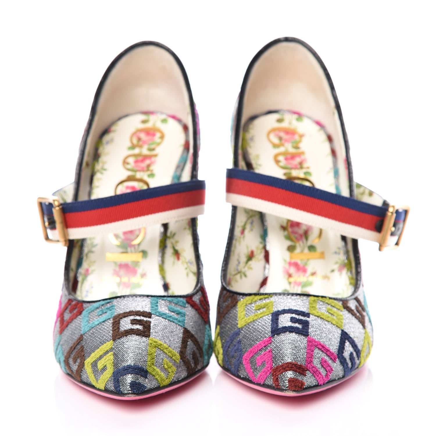 Gucci Velvet Lurex Square G Web Pumps 37.5 Silver Multicolor 2 of 14