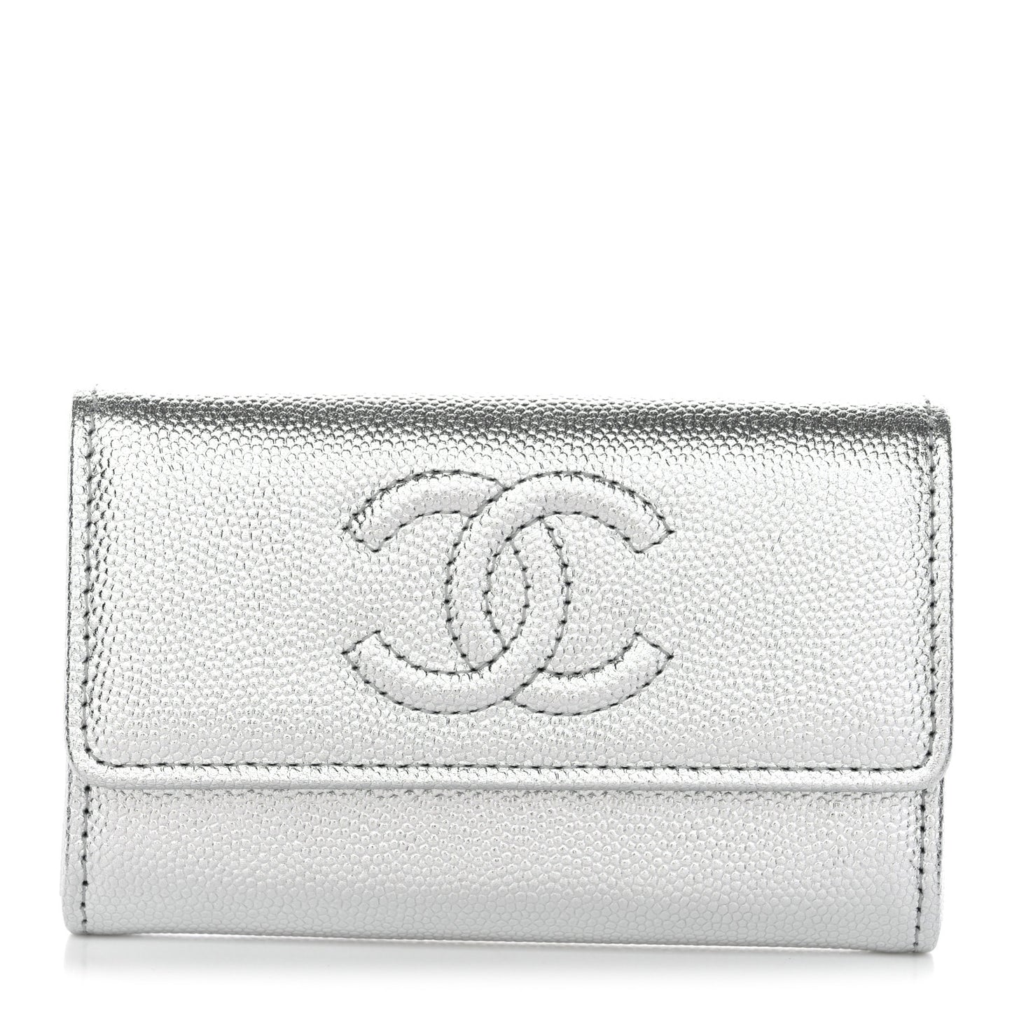 Metallic Caviar Timeless CC Flap Card Holder Silver