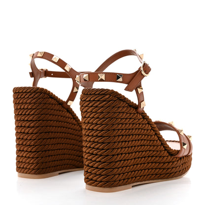 Valentino Garavani Calfskin Rockstud Torchon Espadrille 25/115mm Wedge Sandals 37 Cuoio 4 of 9