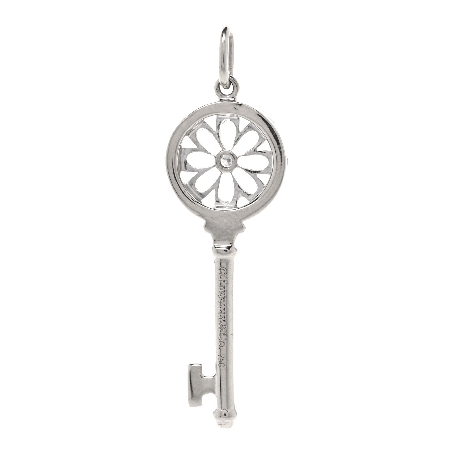 Tiffany 18K White Gold Diamond Floral Key Pendant 3 of 4