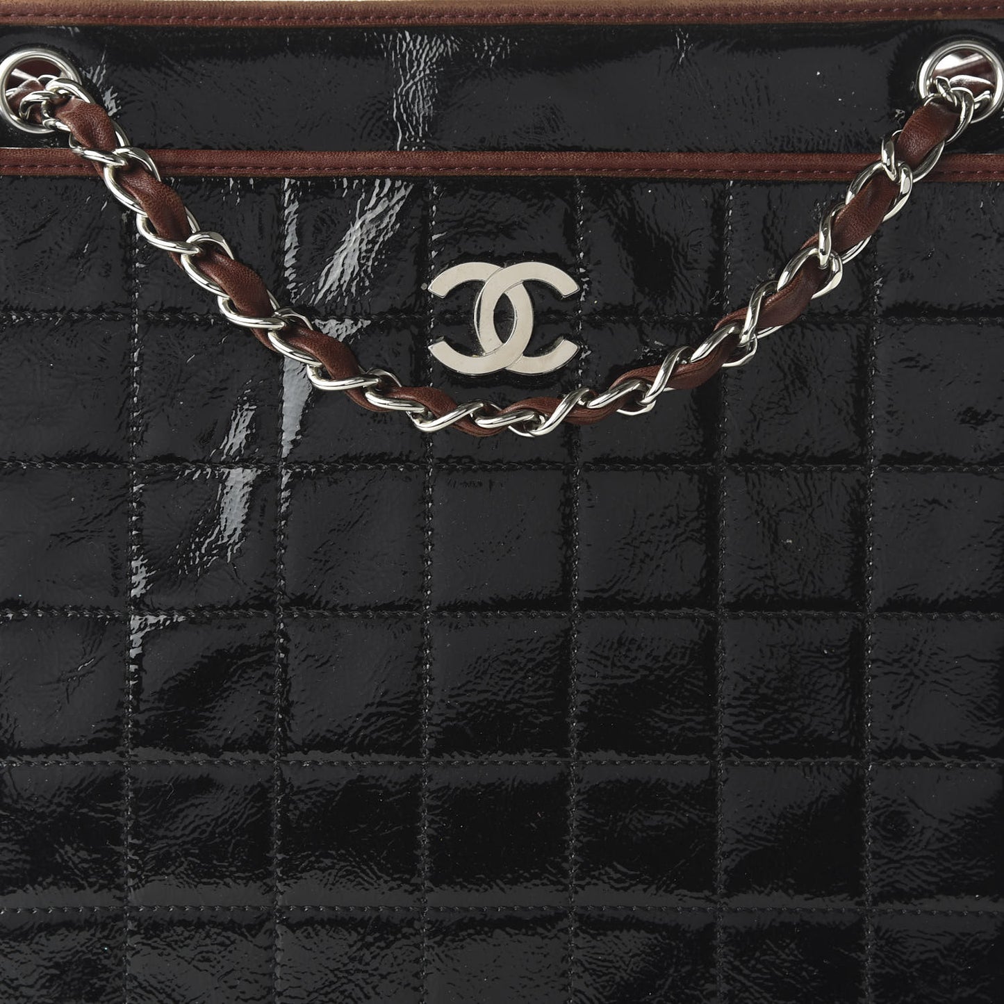 Patent Chocolate Bar Quilted Tote Black