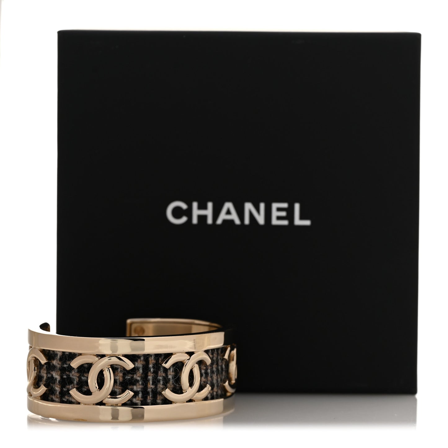 CC Tweed Cuff Bracelet M Gold Beige Black