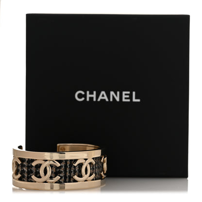 Chanel CC Tweed Cuff Bracelet M Gold Beige Black 6 of 6