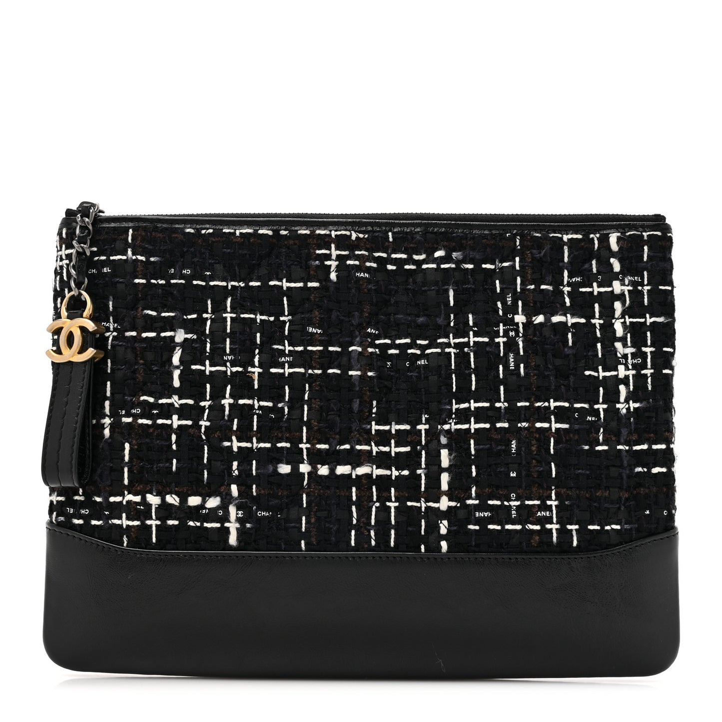 Tweed Calfskin Quilted Medium Cosmetic Pouch Black White