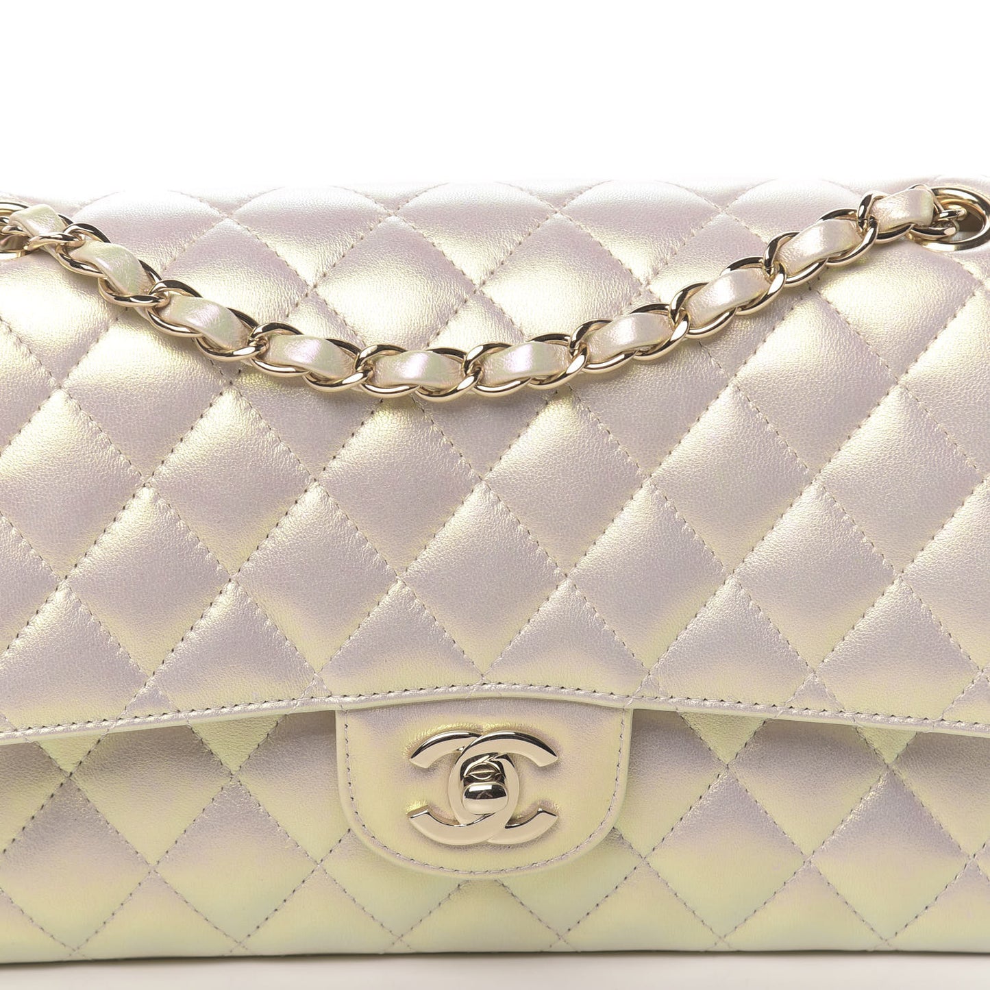 Iridescent Lambskin Quilted Medium Double Flap Ivory