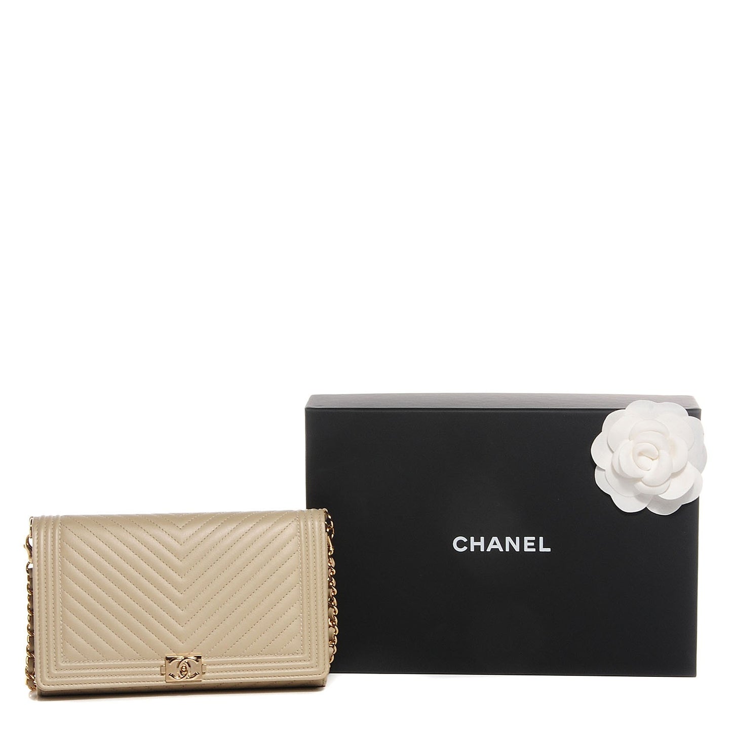 Calfskin Chevron Boy Wallet On Removable Chain WOC Beige Clair