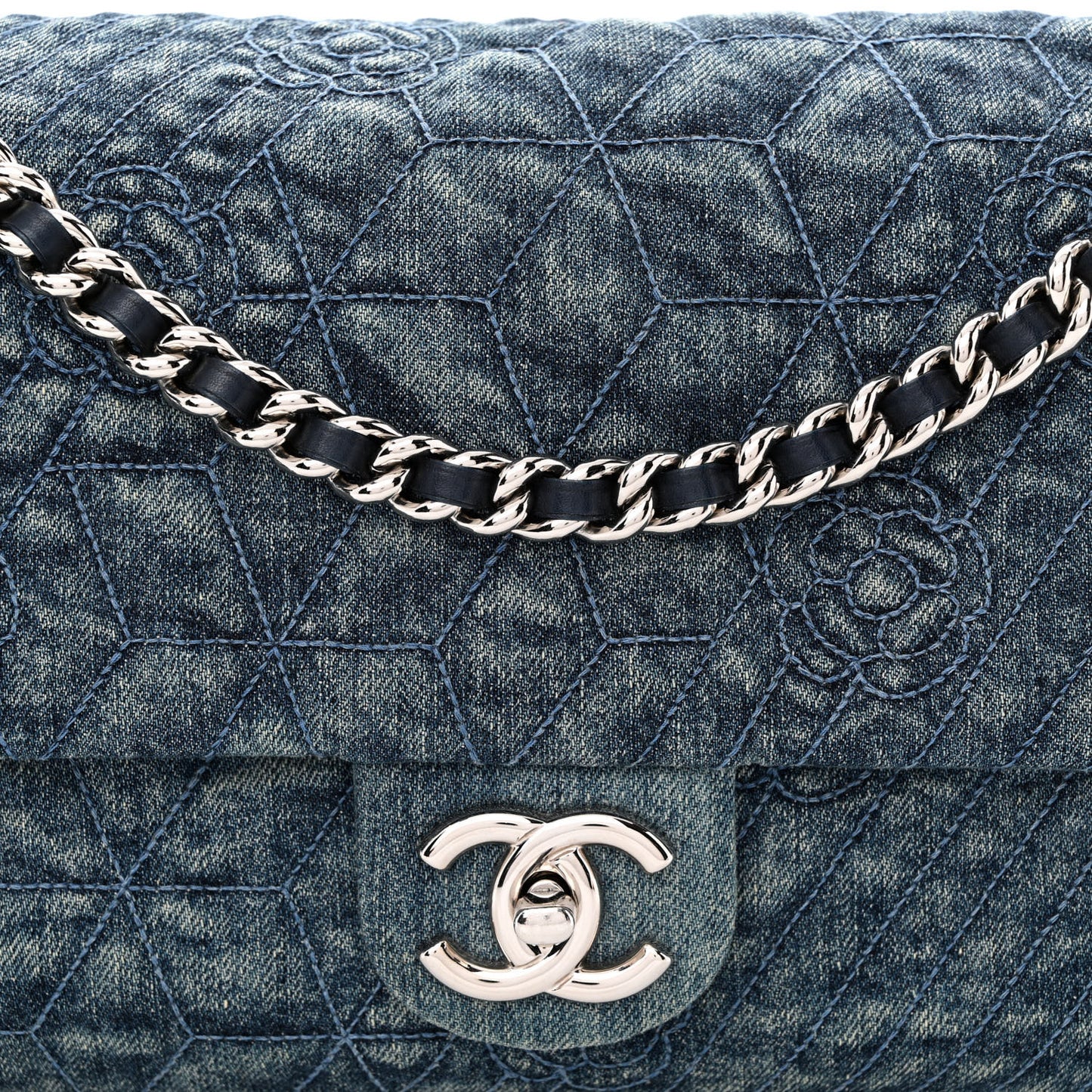 Denim Quilted Camellia Embroidered Large Flap Blue