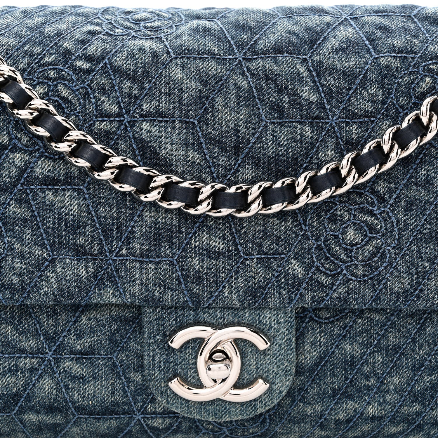 Chanel Denim Quilted Camellia Embroidered Large Flap Blue 8 of 11
