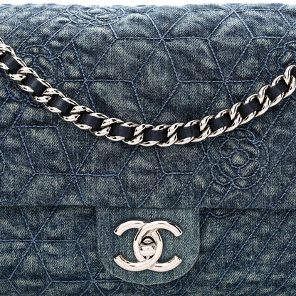 Chanel Denim Quilted Camellia Embroidered Large Flap Blue 8 of 11