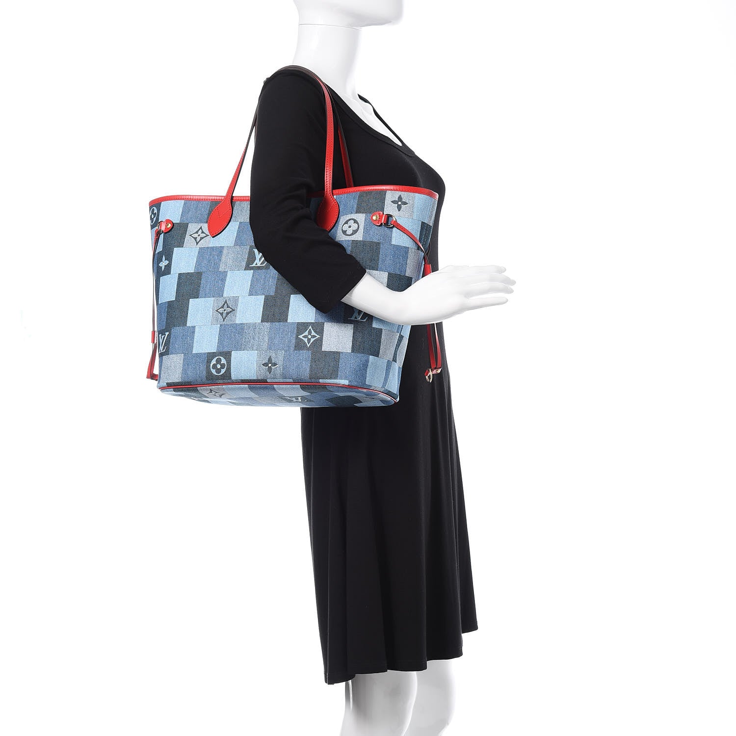 Louis Vuitton Denim Damier Monogram Patchwork Neverfull Blue Rouge 2 of 9