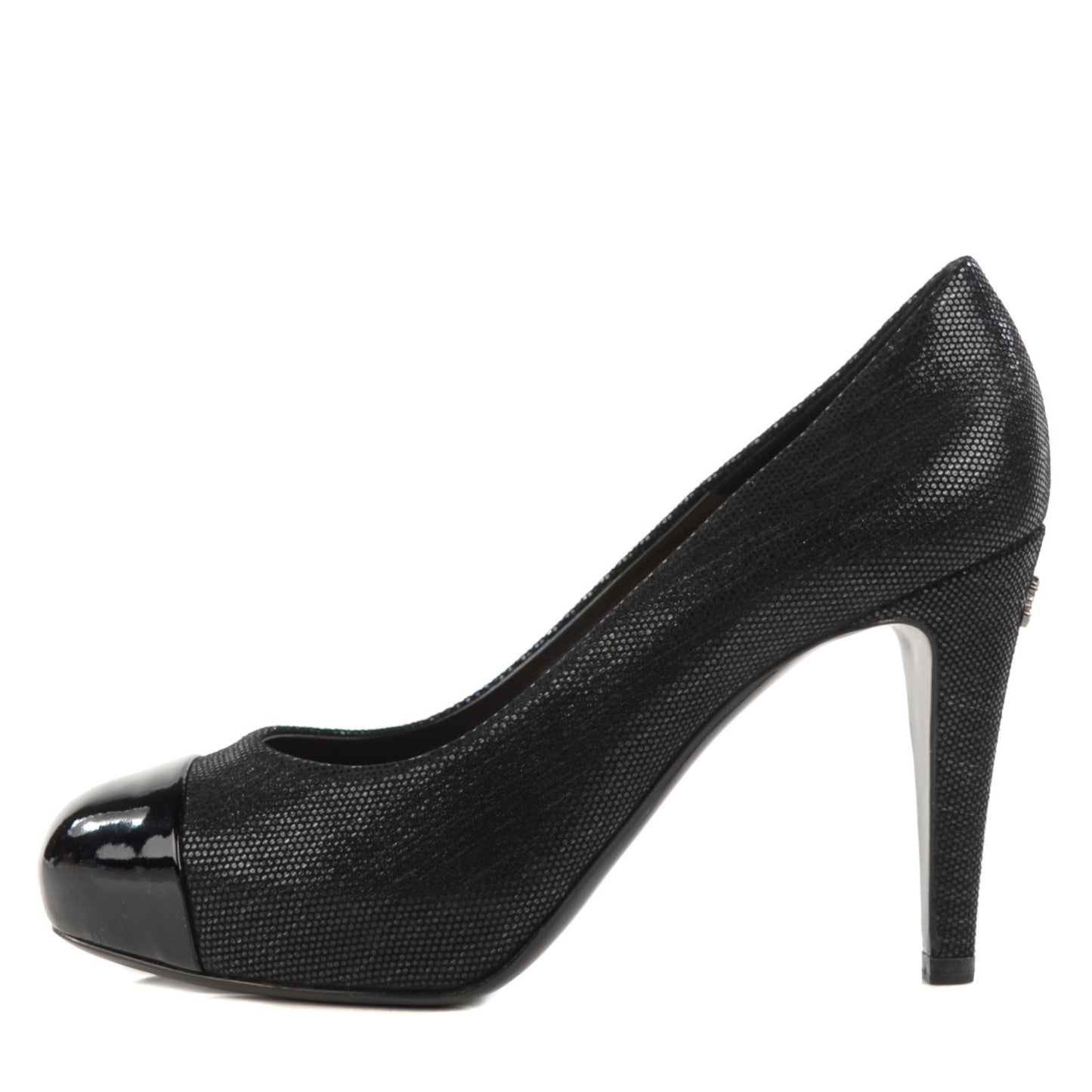 Iridescent Fabric Patent CC Patent Cap Toe Pumps 37.5 Black