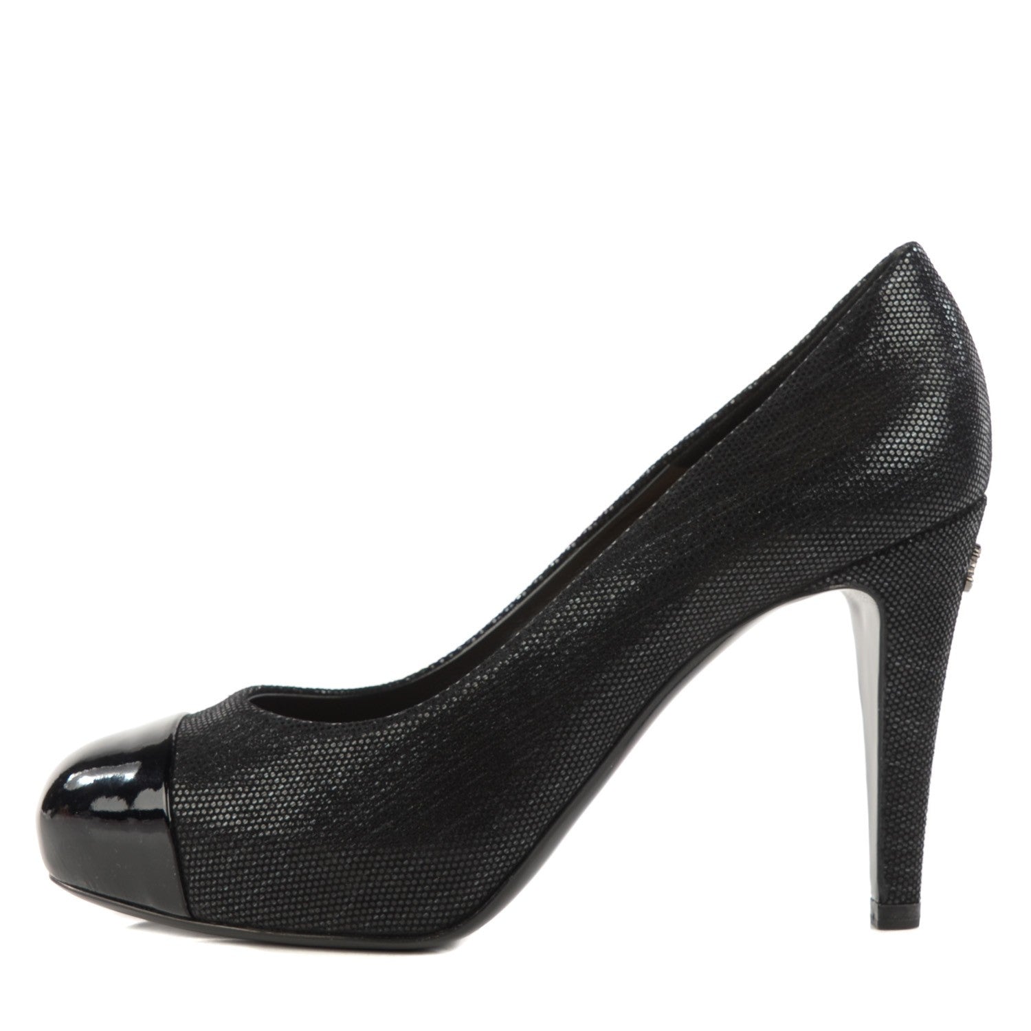 Chanel Iridescent Fabric Patent CC Patent Cap Toe Pumps 37.5 Black 1 of 8