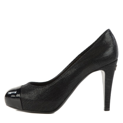Chanel Iridescent Fabric Patent CC Patent Cap Toe Pumps 37.5 Black 1 of 8