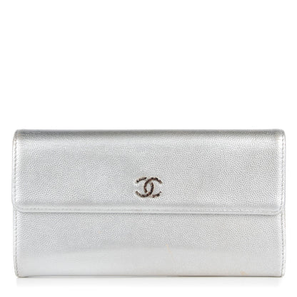 Chanel Metallic Caviar Sevruga Long Flap Wallet Silver 1 of 13