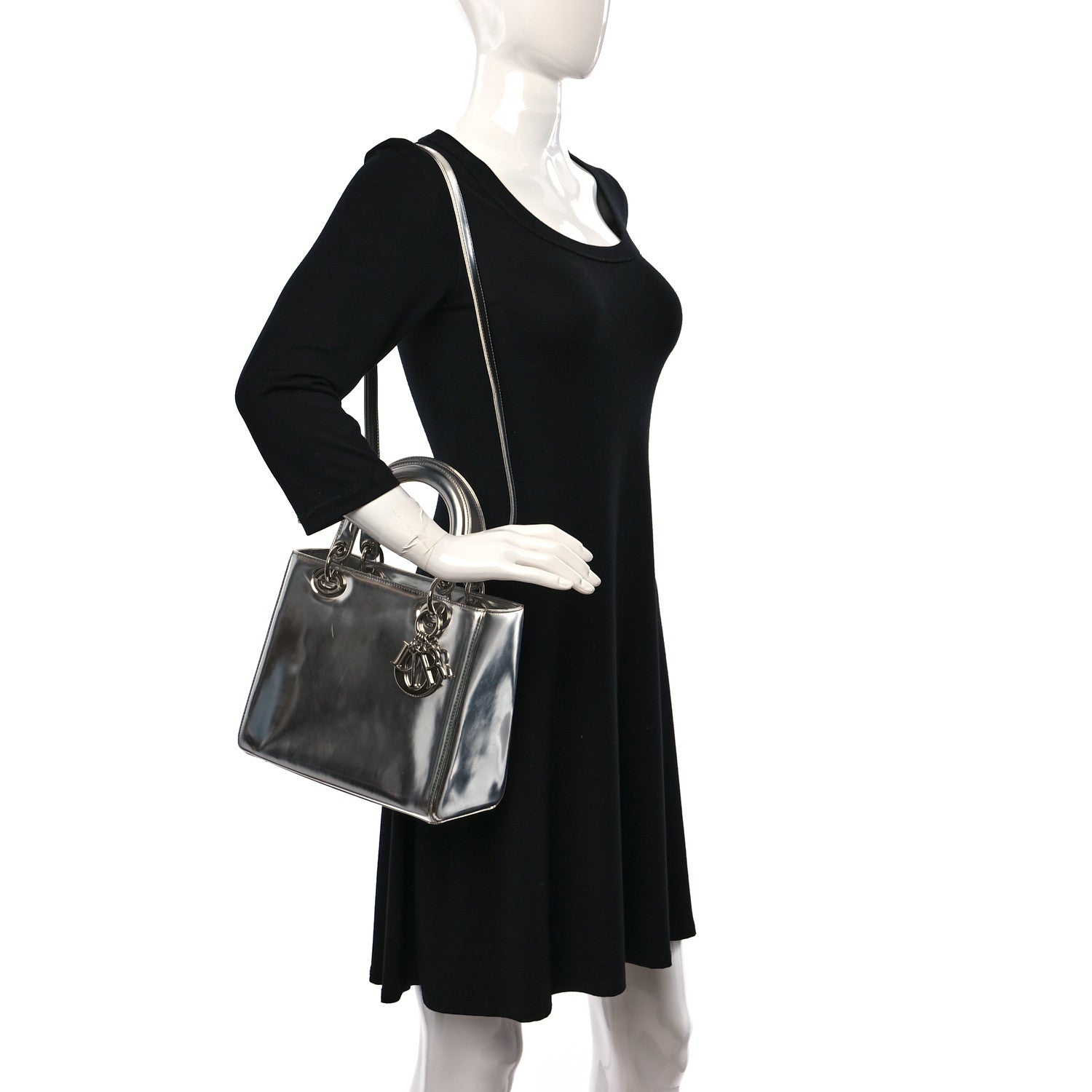 Christian Dior Metallic Patent Calfskin Medium Lady Dior Silver 2 of 12