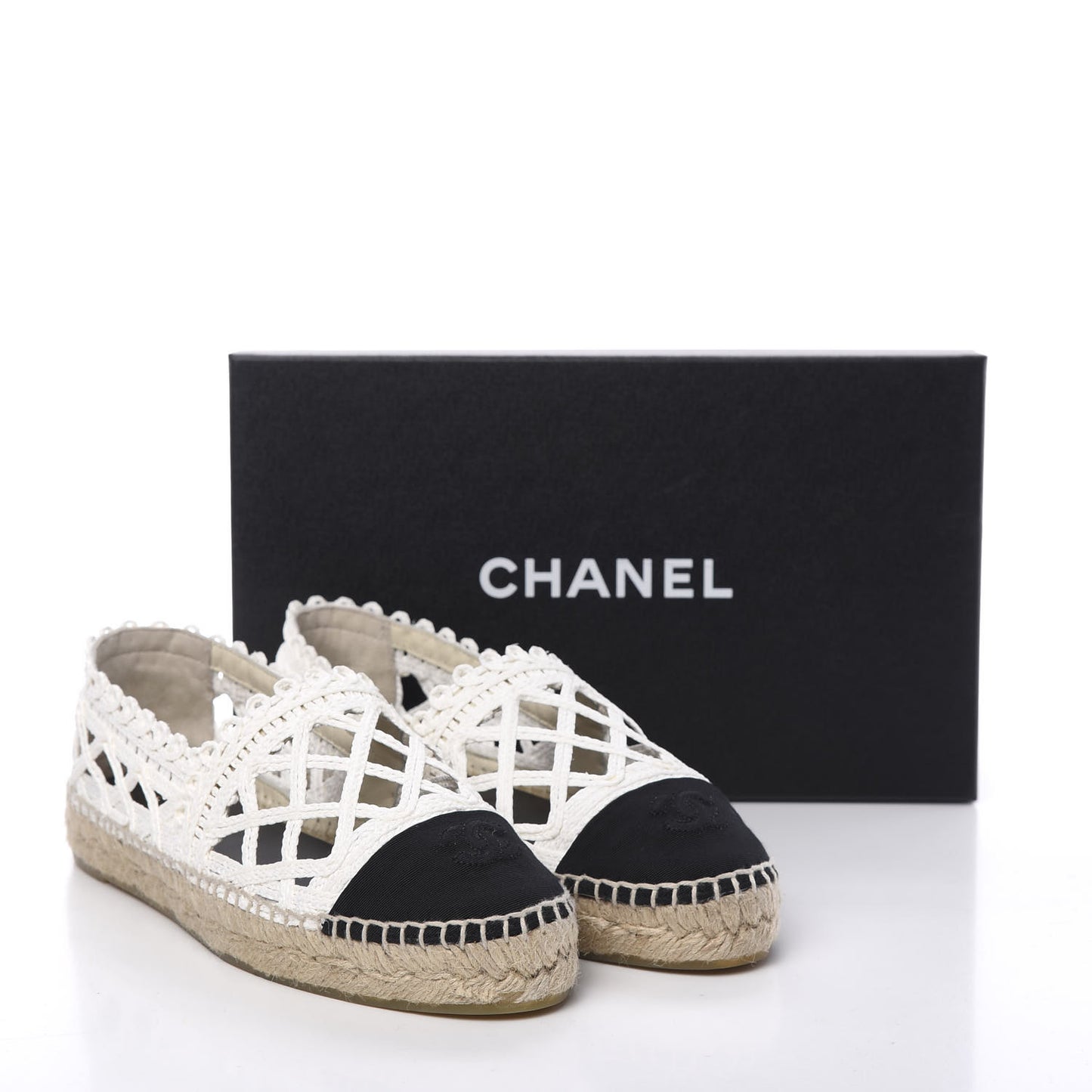 Woven Fabric Grosgrain CC Espadrilles 38 White Black