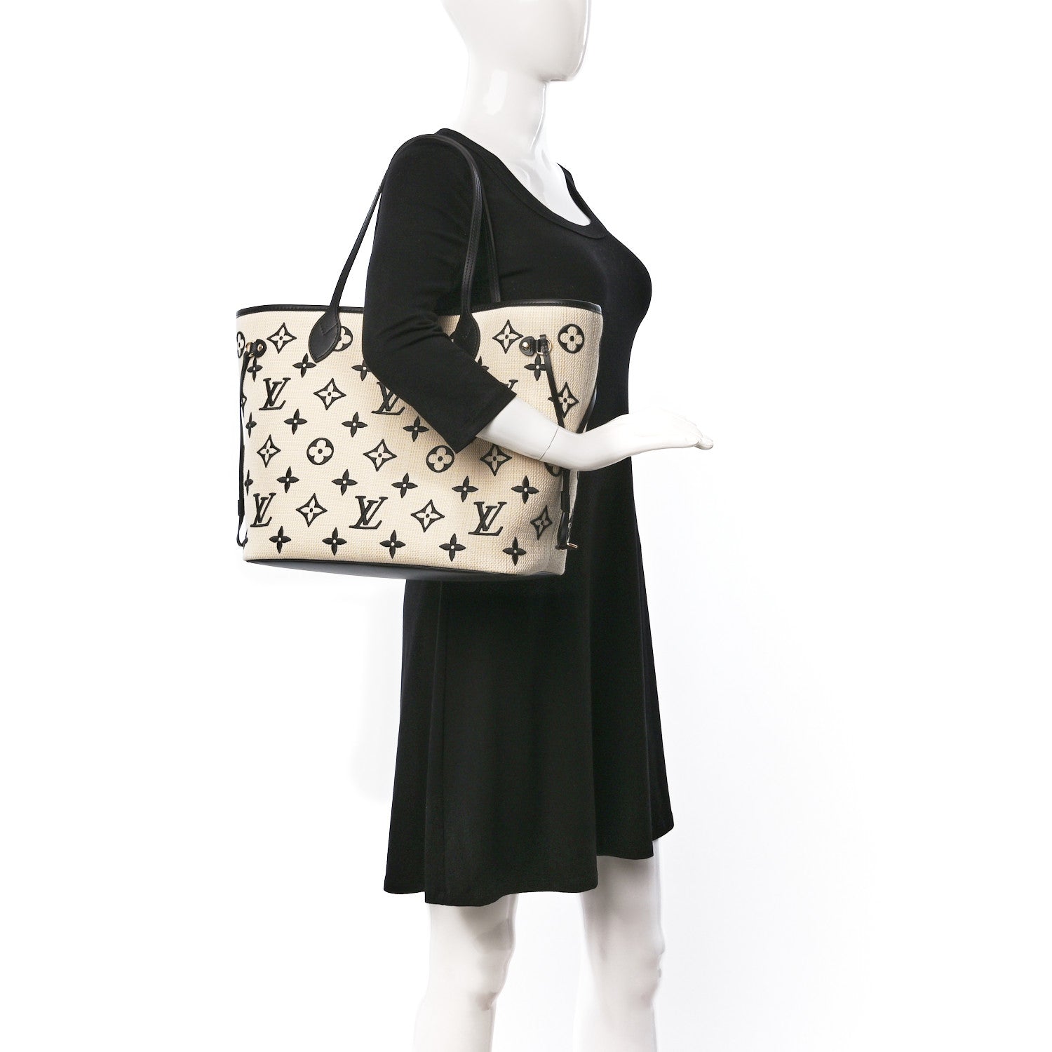 Louis Vuitton Cotton Monogram Embroidered Neverfull MM Beige Black 2 of 9