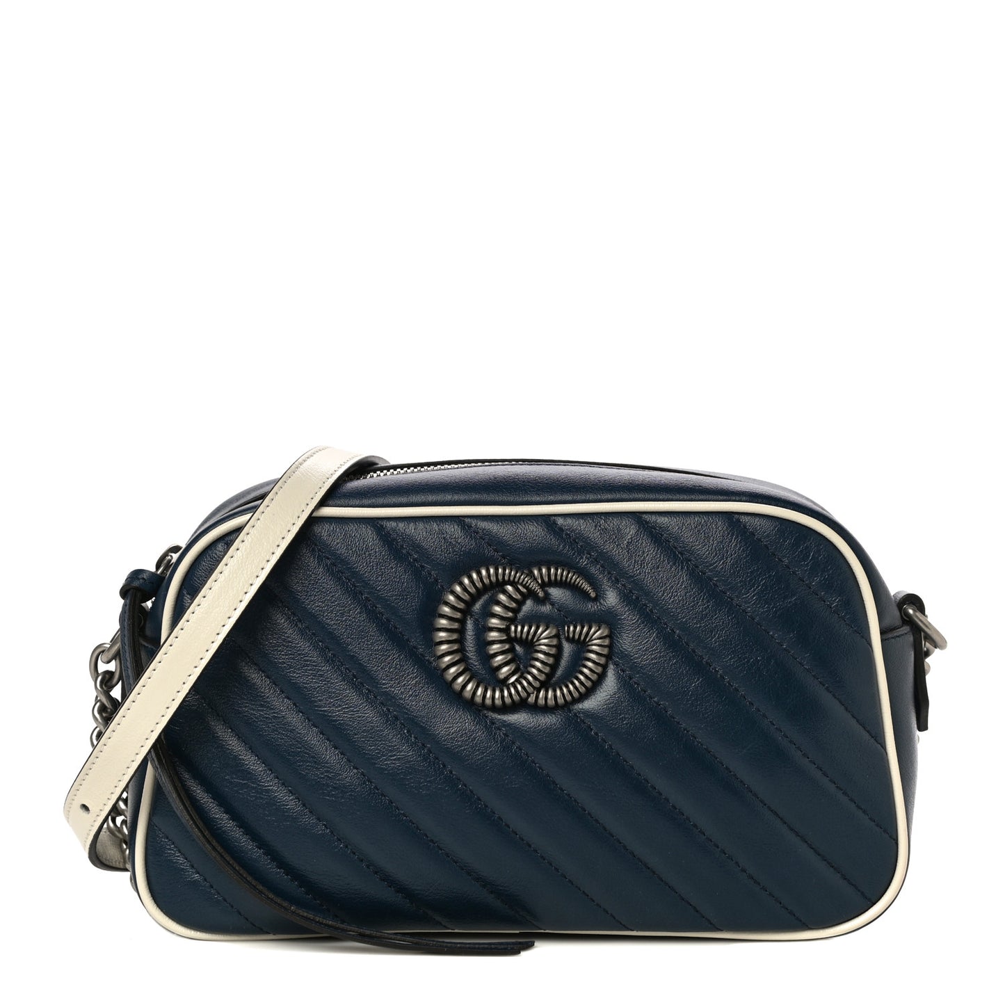 Vintage Effect Calfskin Matelasse Diagonal Small Torchon GG Marmont Chain Shoulder Bag Blue Agata Mystic White