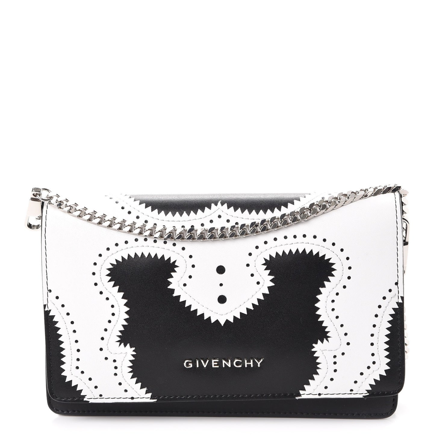 Calfskin Brogue Mini Pandora Chain Wallet Black White