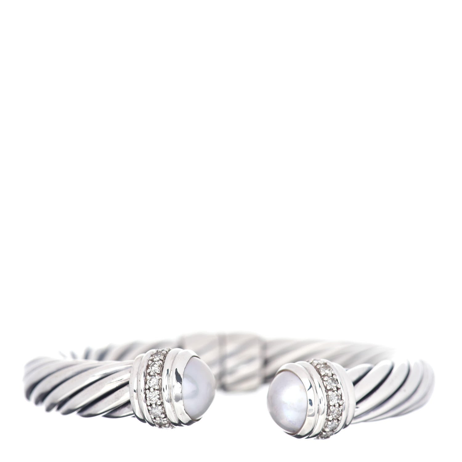 David Yurman Sterling Silver Pearl Diamond 10mm Cable Classics Hinged Bracelet 1 of 4