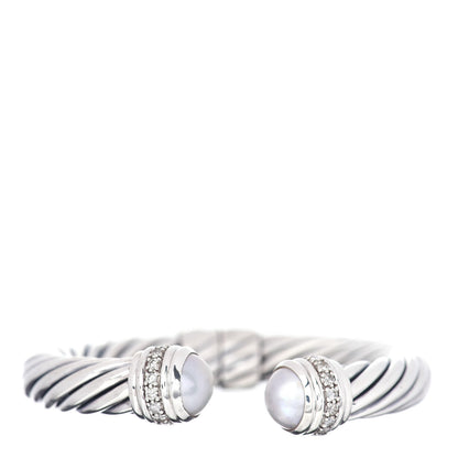 David Yurman Sterling Silver Pearl Diamond 10mm Cable Classics Hinged Bracelet 1 of 4